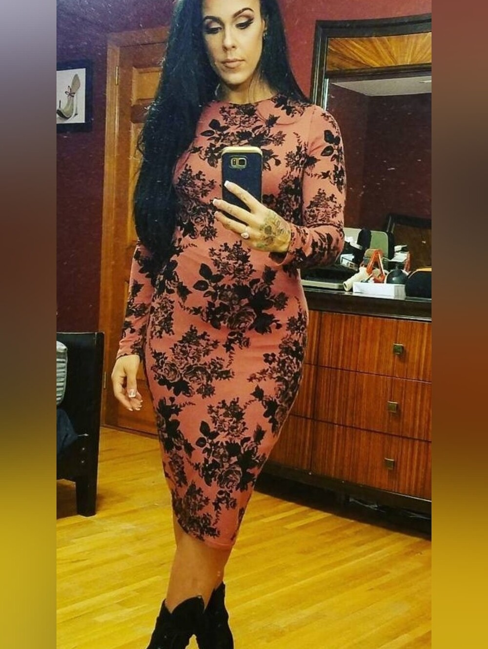 Windsor Pink Dress with Black Floral Print, Long Sleeve
